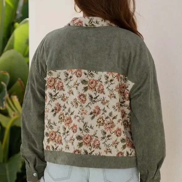 Retro Floral Corduroy Ribbed Jacket - Green - Picture 4 of 4